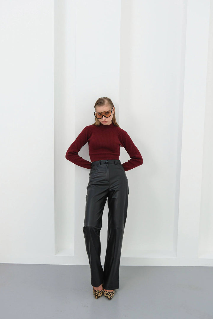 Black Double Pocket Slim Fit Faux Leather Pants BCHN-25267542 - Santa María Atzompa