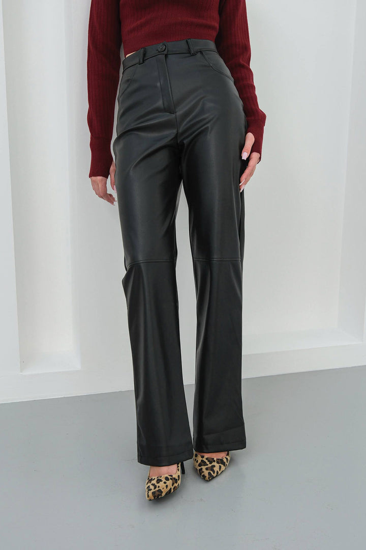 Black Double Pocket Slim Fit Faux Leather Pants BCHN-25267542 - Santa María Atzompa