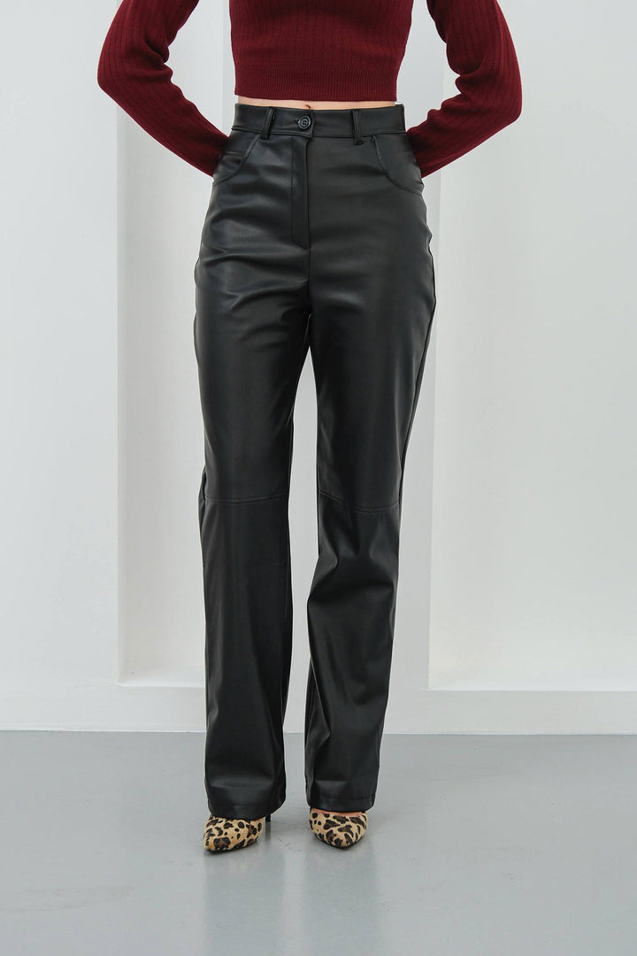 Black Double Pocket Slim Fit Faux Leather Pants BCHN-25267542 - Santa María Atzompa