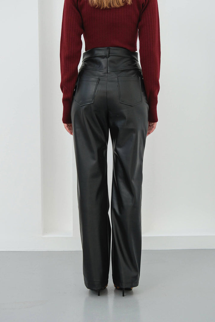 Black Double Pocket Slim Fit Faux Leather Pants BCHN-25267542 - Santa María Atzompa