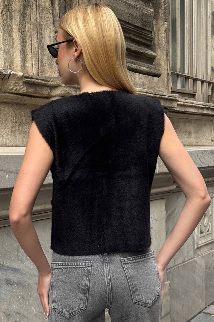 Black Double Pocket Gold Button Soft Vest Blouse BCHZCK-251262 - Atlantic City