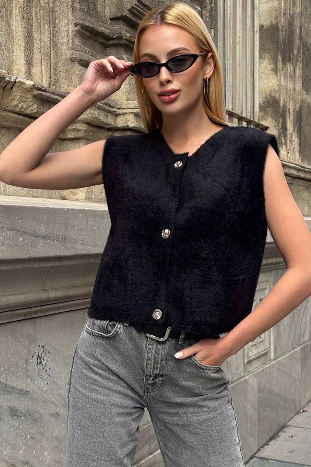 Black Double Pocket Gold Button Soft Vest Blouse BCHZCK-251262 - Hamm