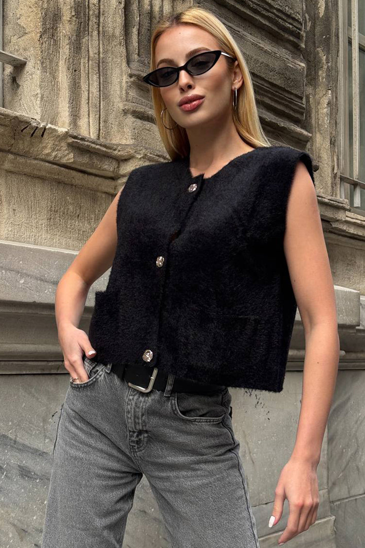 Black Double Pocket Gold Button Soft Vest Blouse BCHZCK-251262 - Hamm