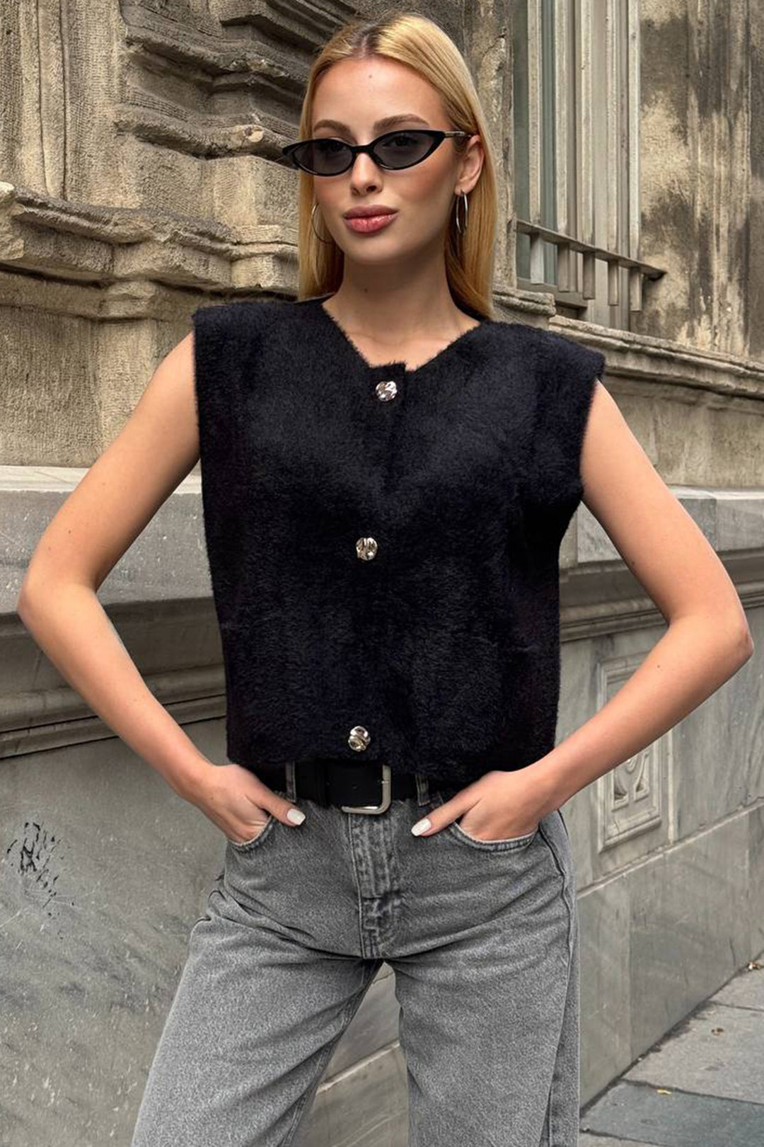 Black Double Pocket Gold Button Soft Vest Blouse BCHZCK-251262 - Atlantic City