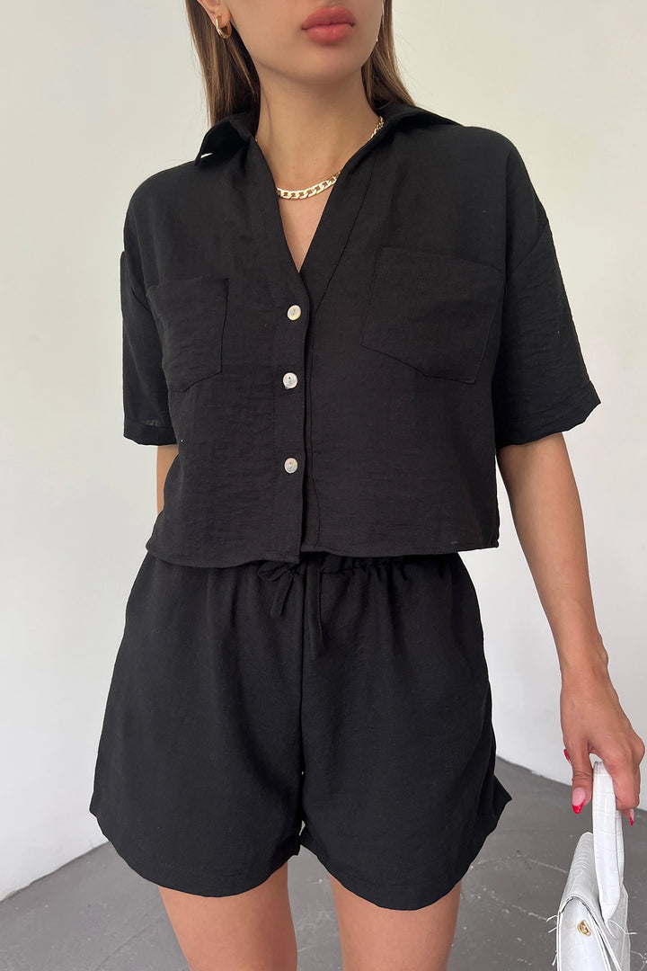 Black Double Pocket Shirt and Shorts Linen Two Piece Set BCDF-238801 - San Luis Río Colorado