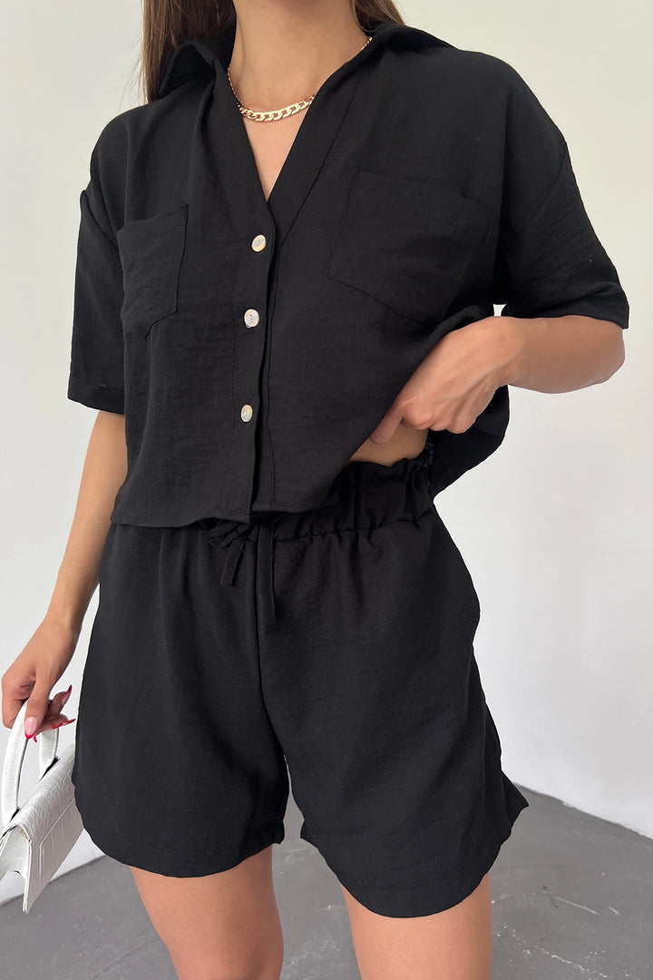 Black Double Pocket Shirt and Shorts Linen Two Piece Set BCDF-238801 - San Luis Río Colorado
