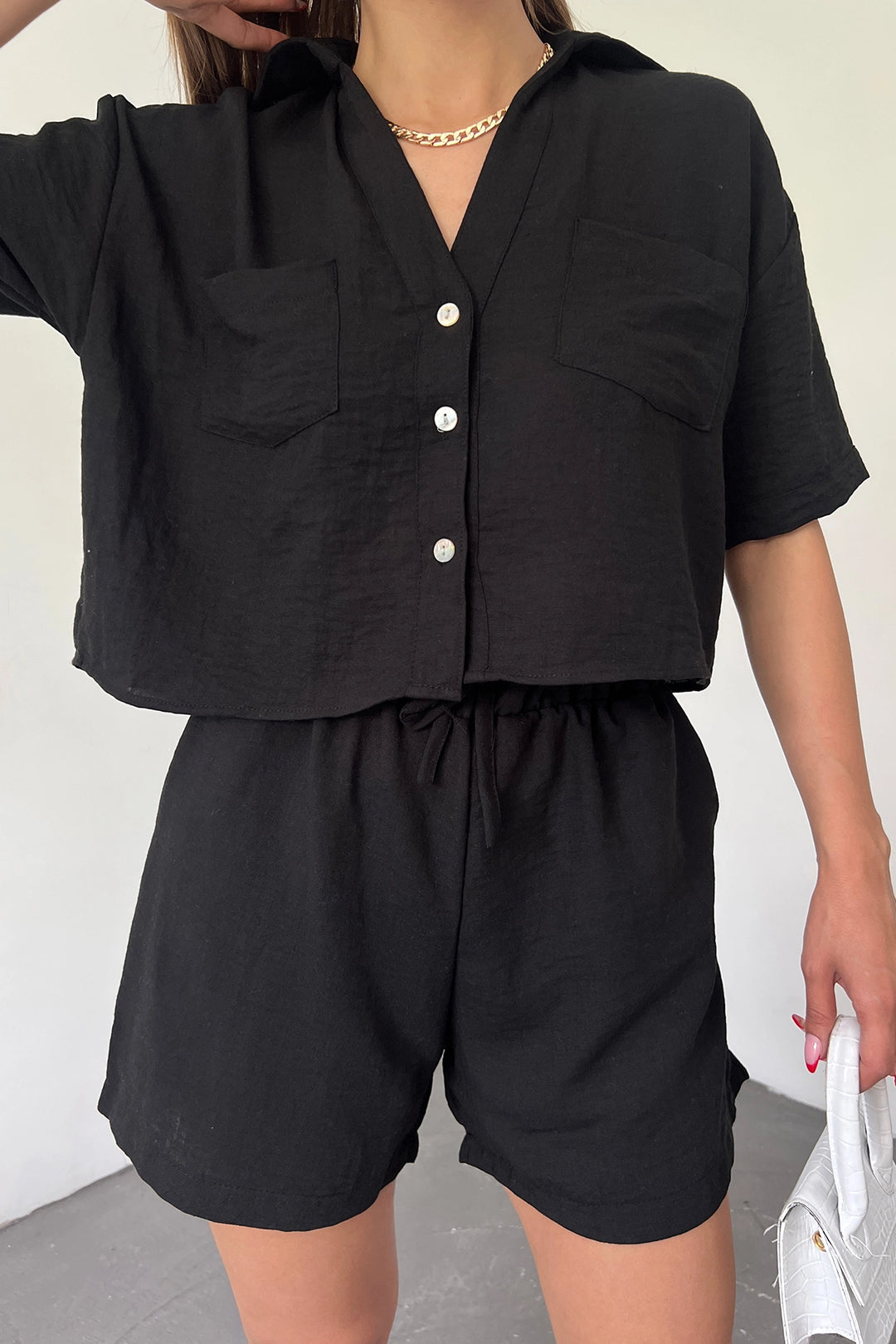 Black Double Pocket Shirt and Shorts Linen Two Piece Set BCDF-238801 - San Luis Río Colorado