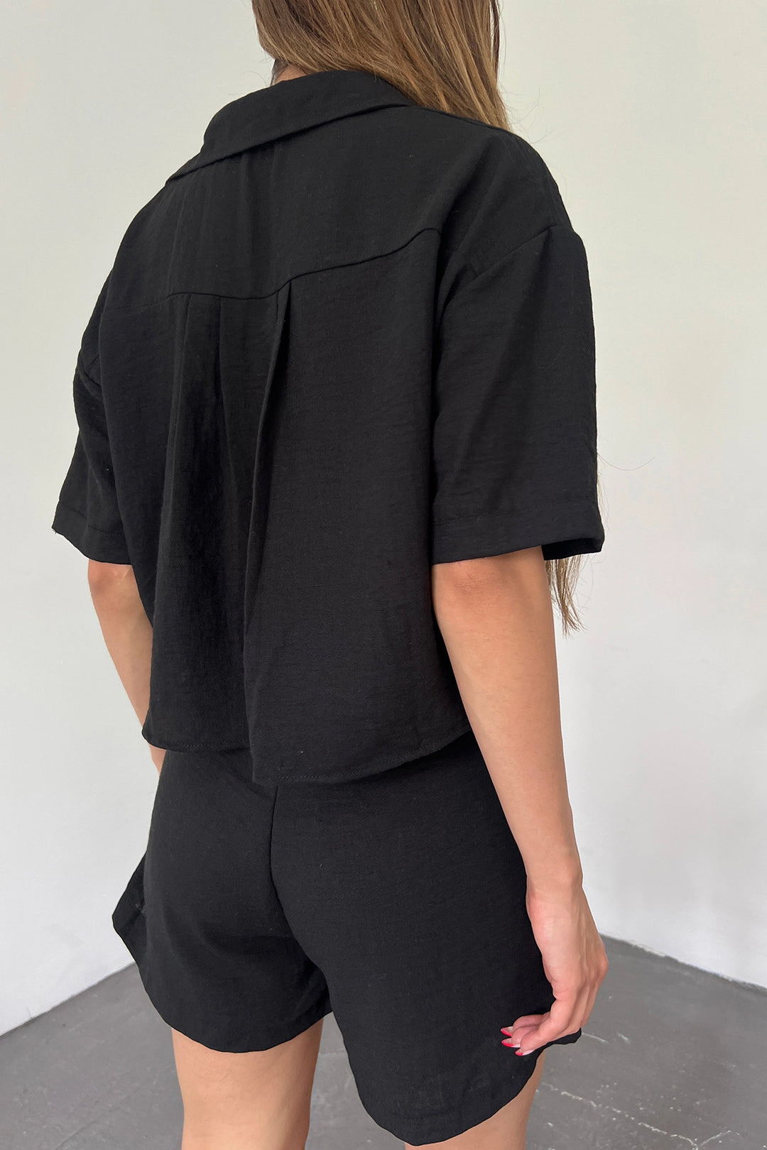 Black Double Pocket Shirt and Shorts Linen Two Piece Set BCDF-238801 - San Luis Río Colorado