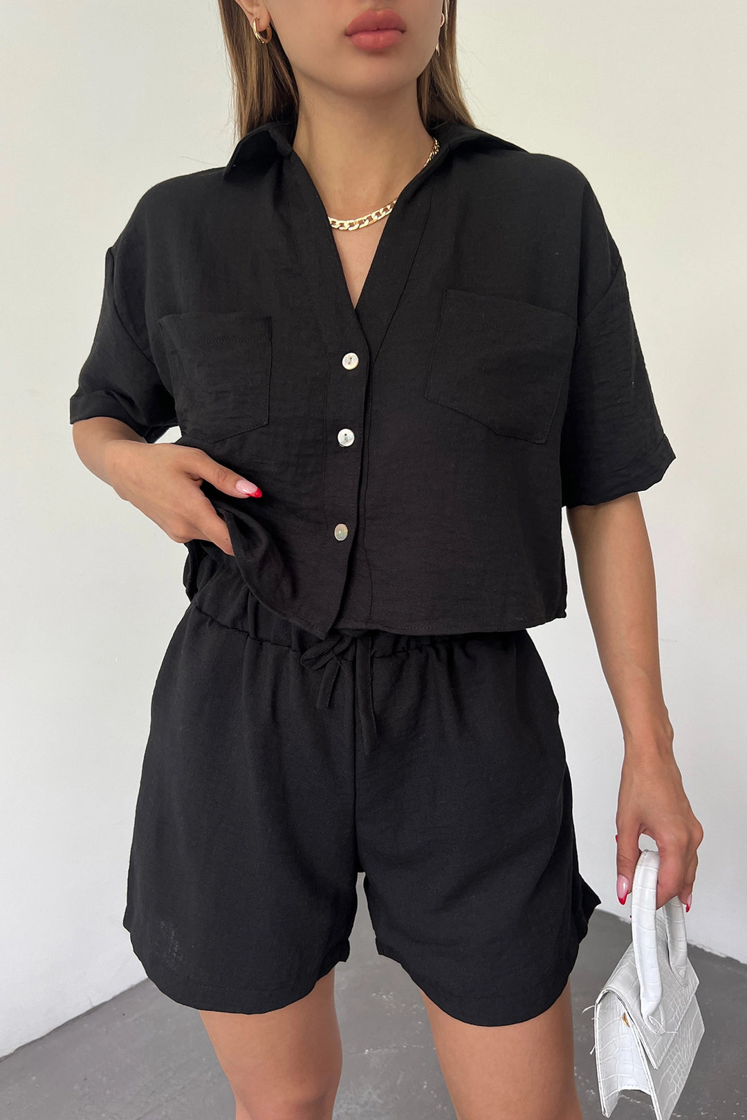 Black Double Pocket Shirt and Shorts Linen Two Piece Set BCDF-238801 - San Luis Río Colorado