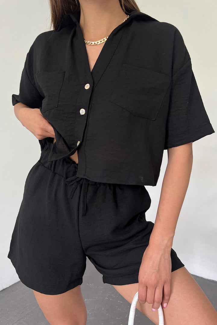 Black Double Pocket Shirt and Shorts Linen Two Piece Set BCDF-238801 - San Luis Río Colorado