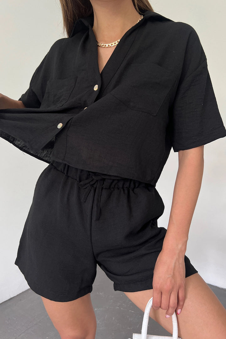 Black Double Pocket Shirt and Shorts Linen Two Piece Set BCDF-238801 - San Luis Río Colorado