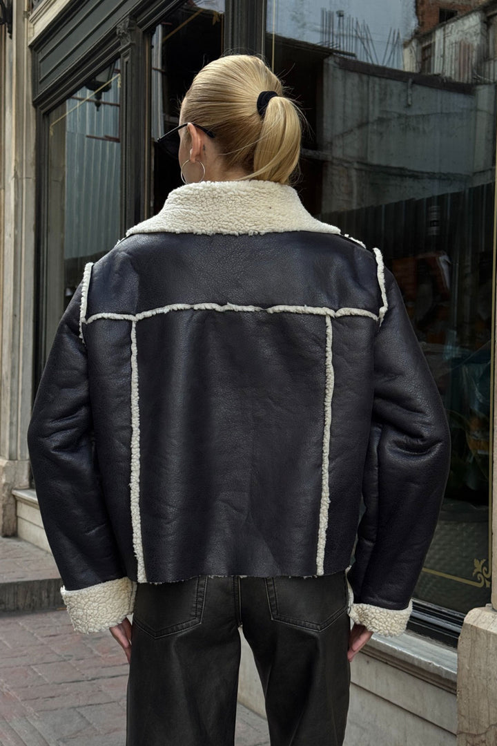Black Double Pocket Faux Fur Lined Biker Jacket BCVL-25V217 - Port Coquitlam