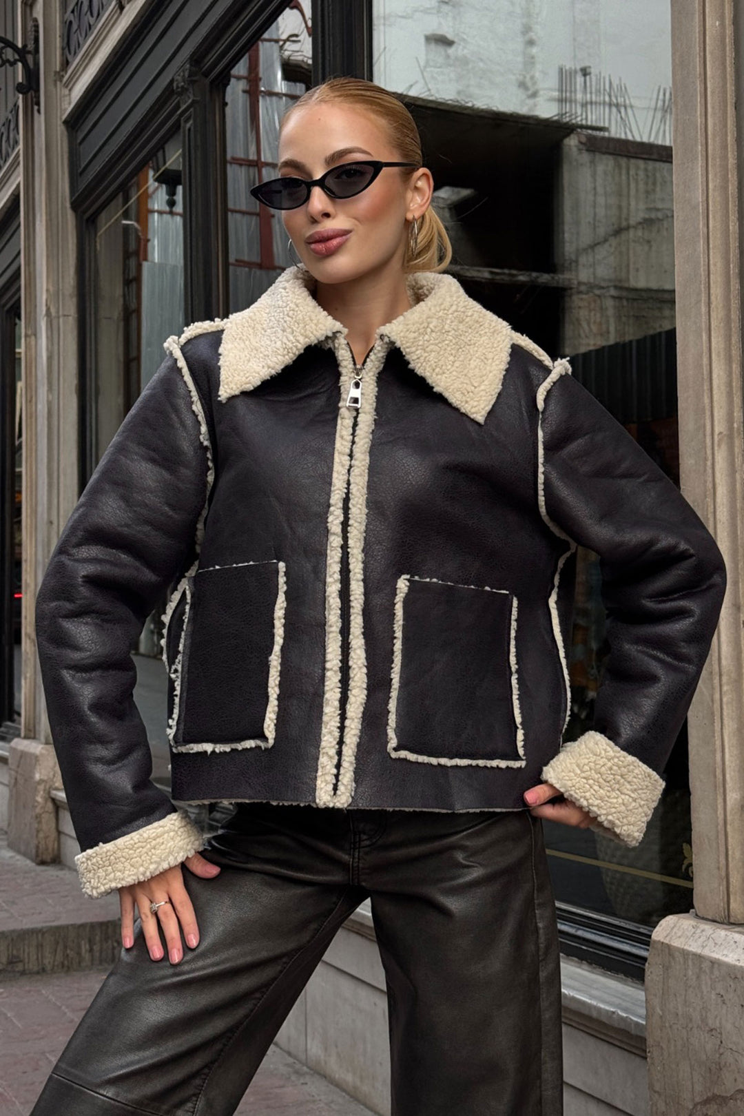 Black Double Pocket Faux Fur Lined Biker Jacket BCVL-25V217 - Port Coquitlam