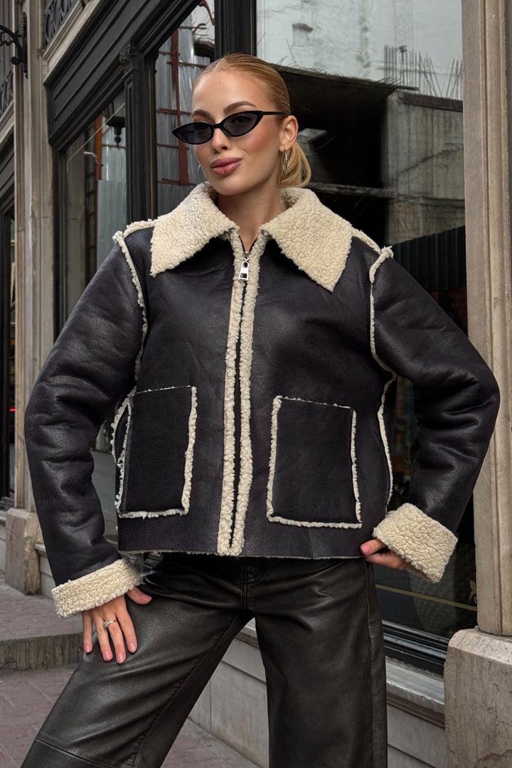 Black Double Pocket Faux Fur Lined Biker Jacket BCVL-25V217 - Port Coquitlam