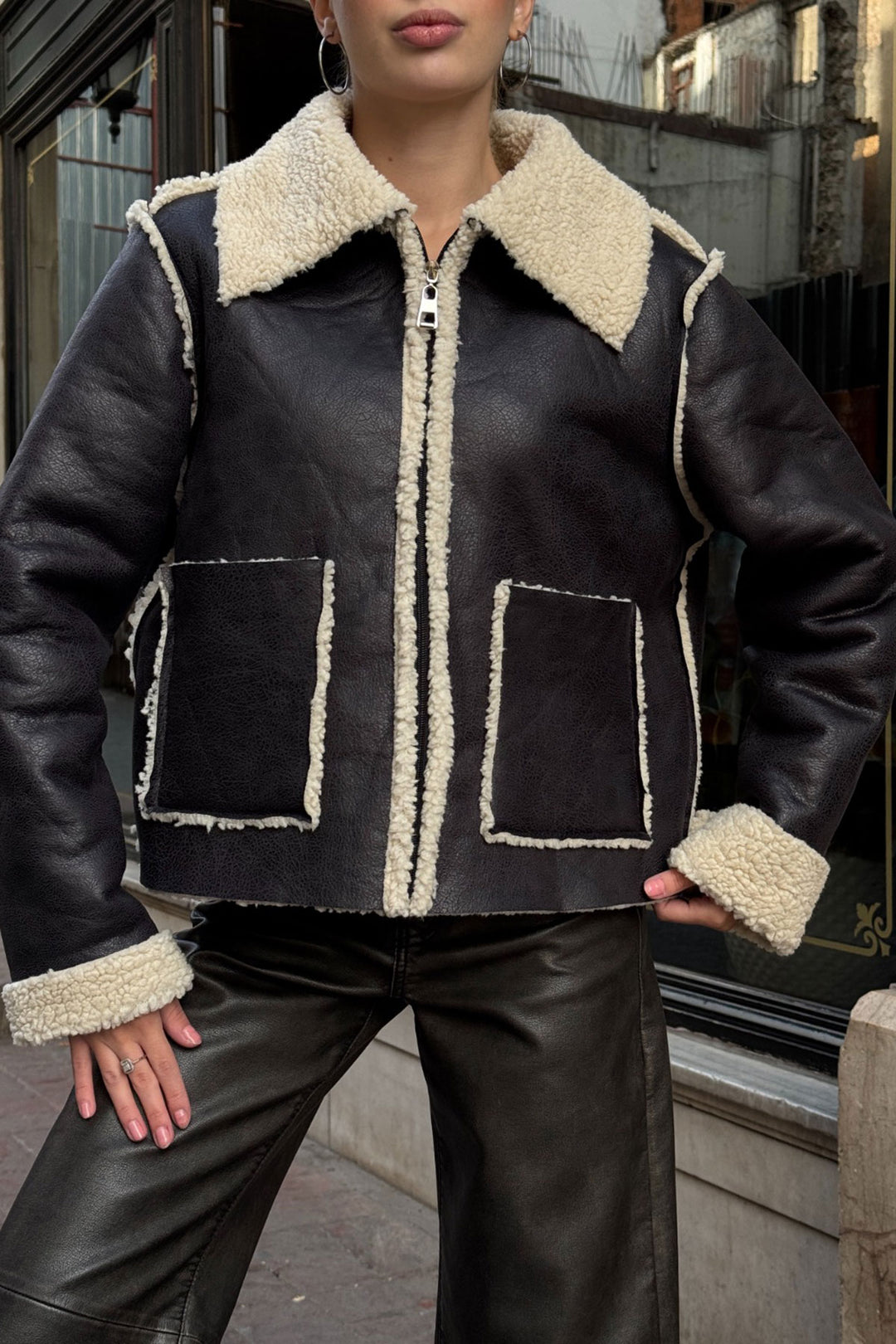 Black Double Pocket Faux Fur Lined Biker Jacket BCVL-25V217 - Port Coquitlam