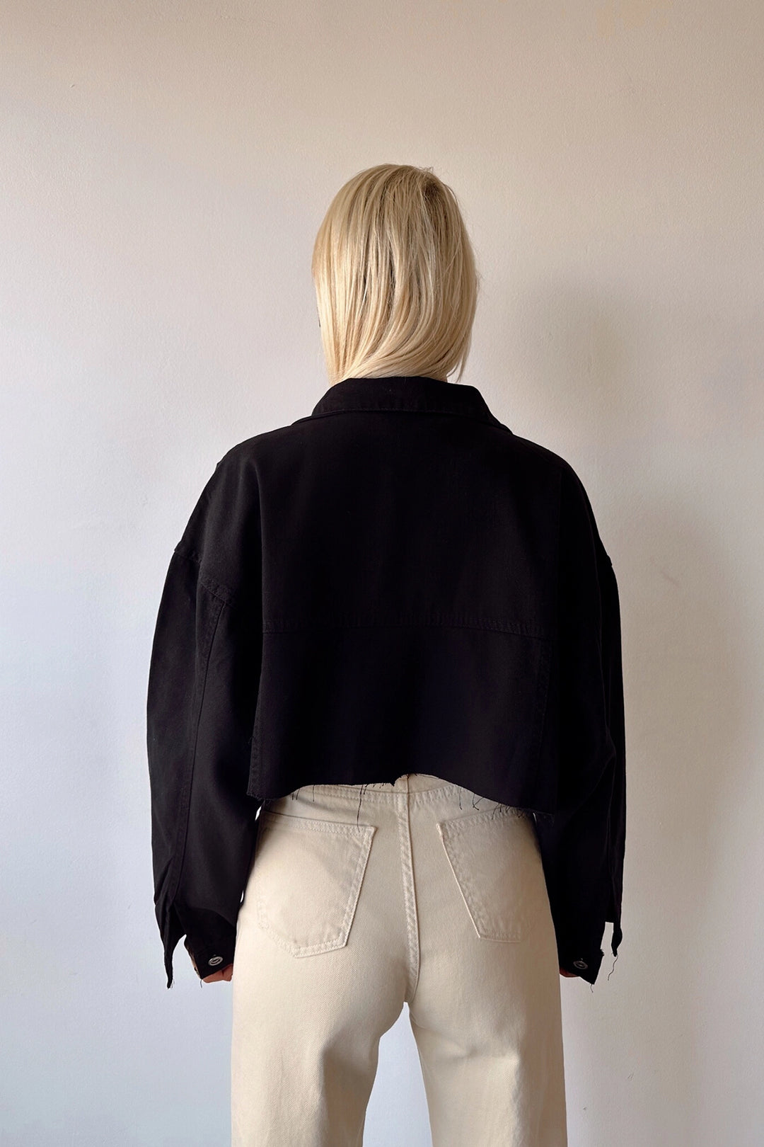 Black Double Pocket Laser Cut Washed Crop Denim Jacket BCDF-235408 - Stains