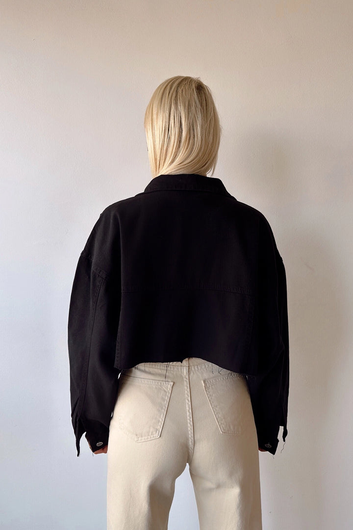 Black Double Pocket Laser Cut Washed Crop Denim Jacket BCDF-235408 - Stains