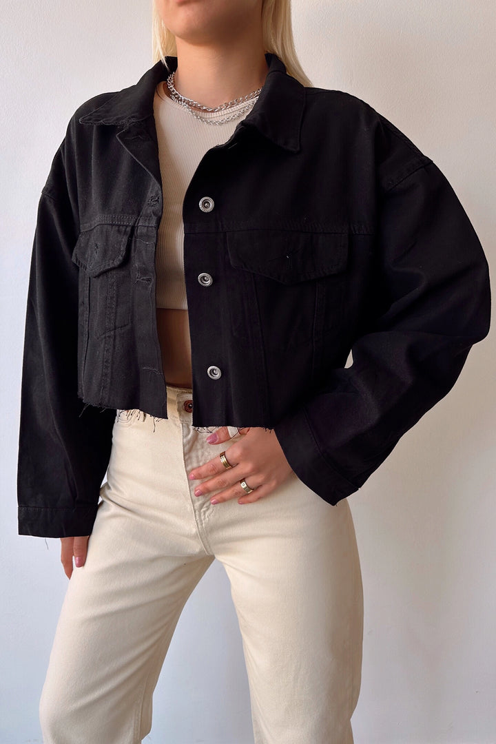 Black Double Pocket Laser Cut Washed Crop Denim Jacket BCDF-235408 - Stains