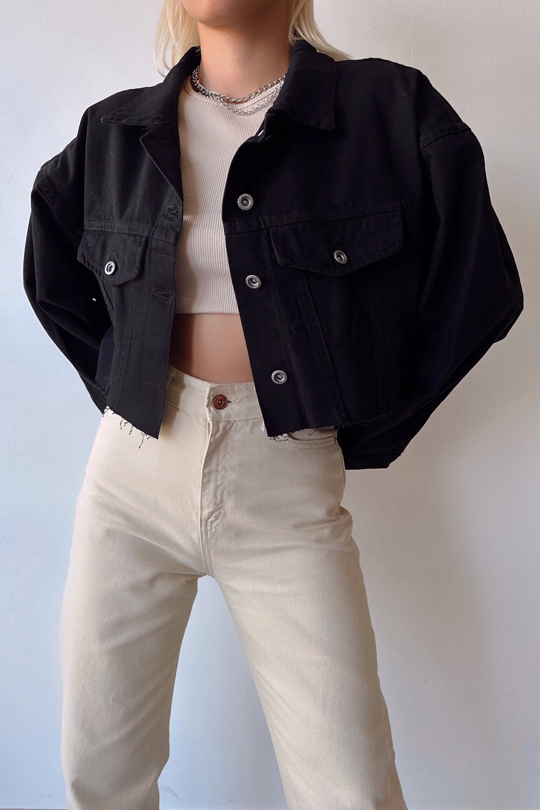 Black Double Pocket Laser Cut Washed Crop Denim Jacket BCDF-235408 - Stains