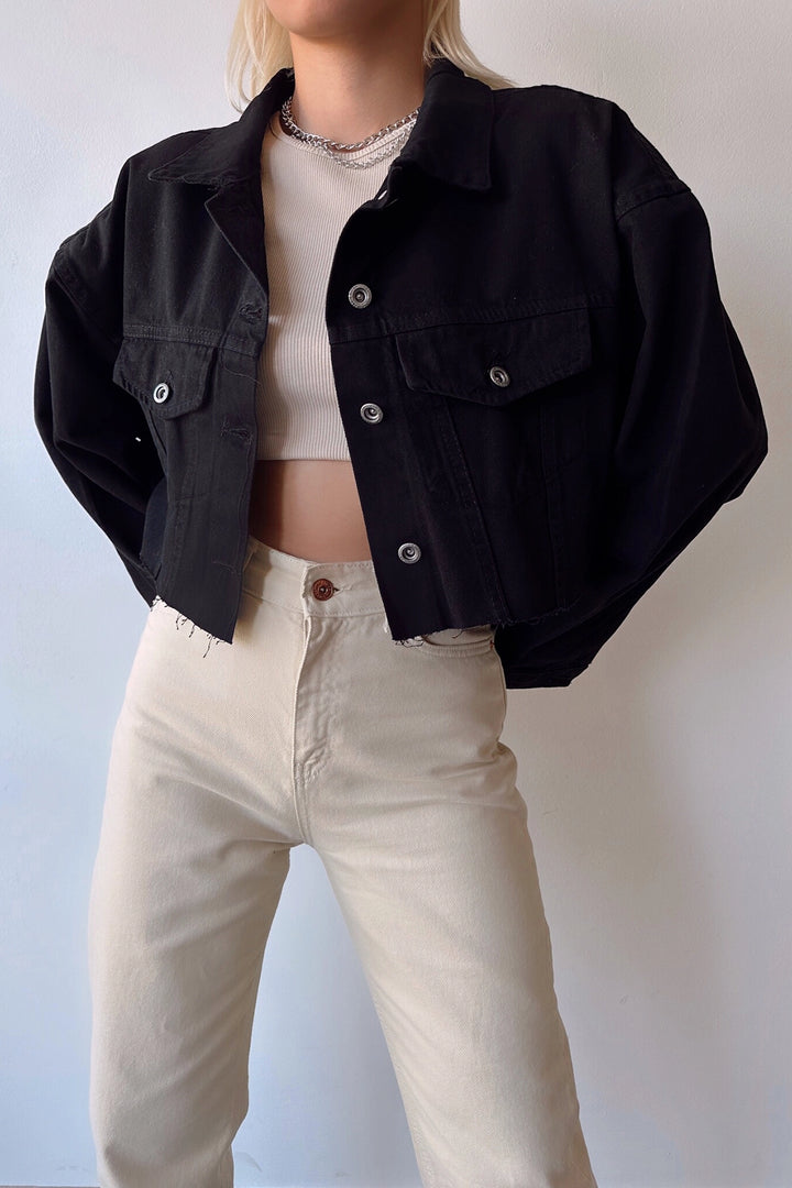 Black Double Pocket Laser Cut Washed Crop Denim Jacket BCDF-235408 - Stains