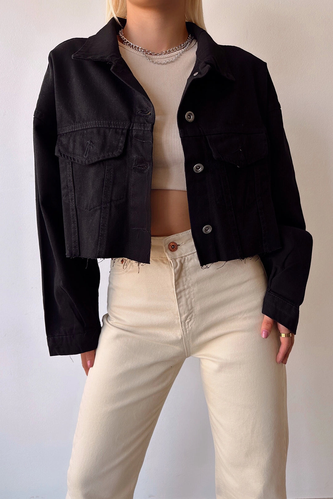 Black Double Pocket Laser Cut Washed Crop Denim Jacket BCDF-235408 - Stains