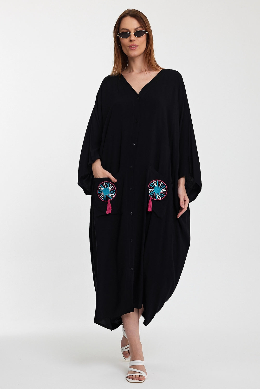Maxi Boy Black Double Pocket Embroidered Long Loose Woven Shirt Dress BCVL-24948 - Pallíni