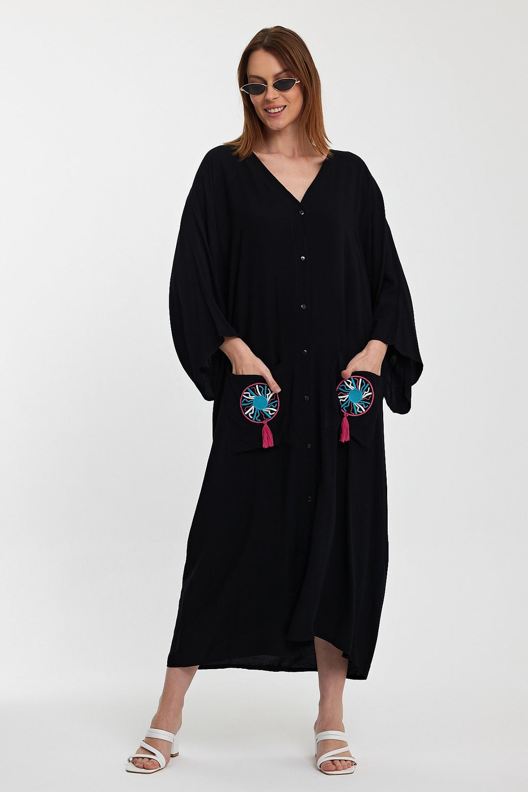 Maxi Boy Black Double Pocket Embroidered Long Loose Woven Shirt Dress BCVL-24948 - Pallíni