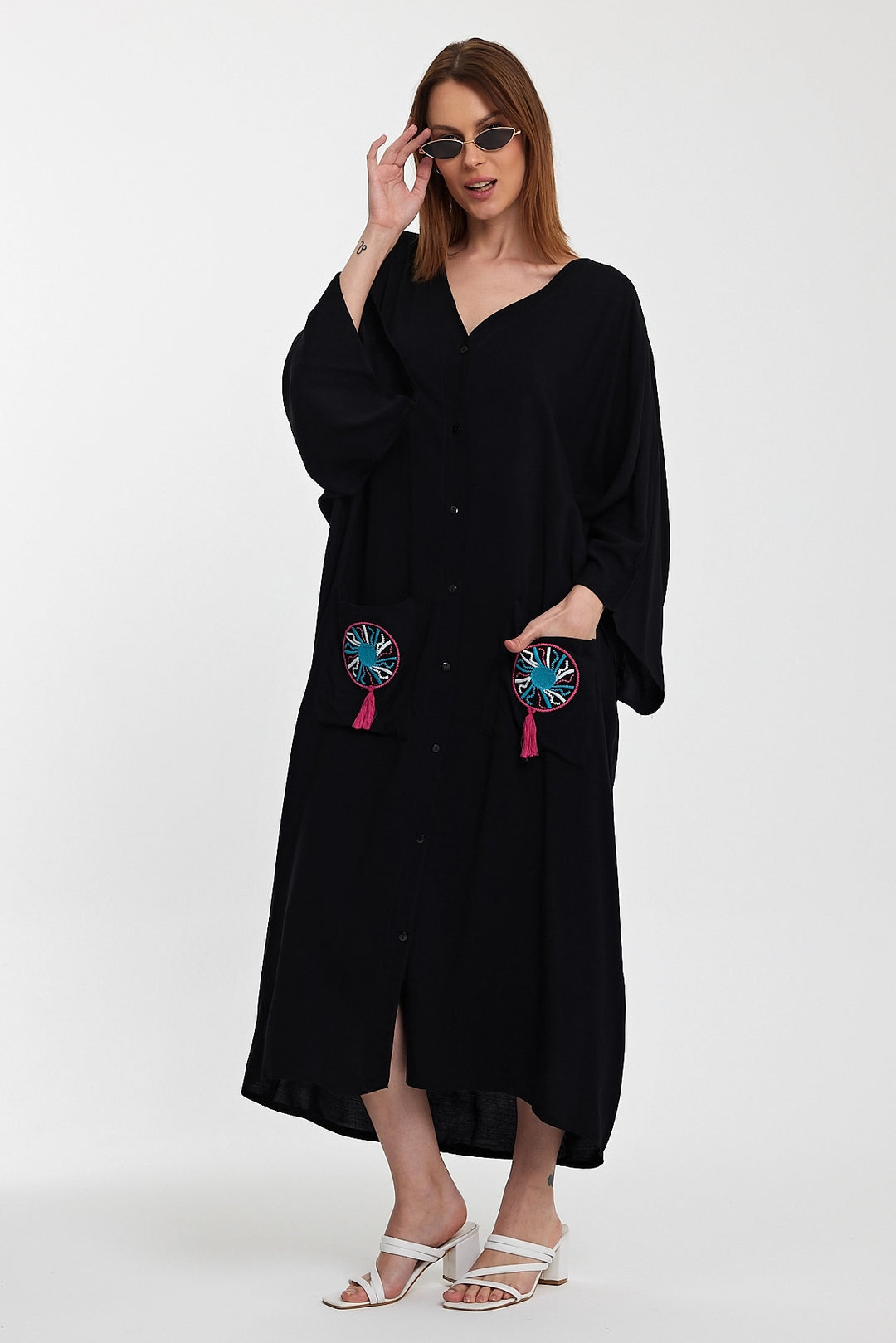 Maxi Boy Black Double Pocket Embroidered Long Loose Woven Shirt Dress BCVL-24948 - Pallíni