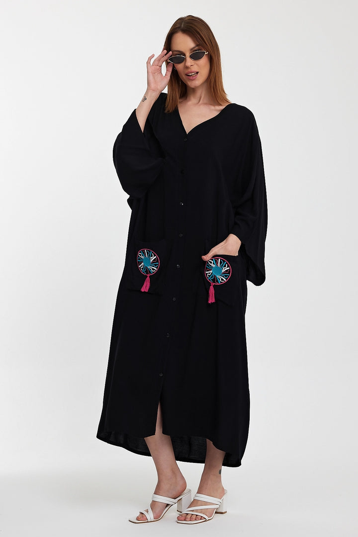 Maxi Boy Black Double Pocket Embroidered Long Loose Woven Shirt Dress BCVL-24948 - Pallíni