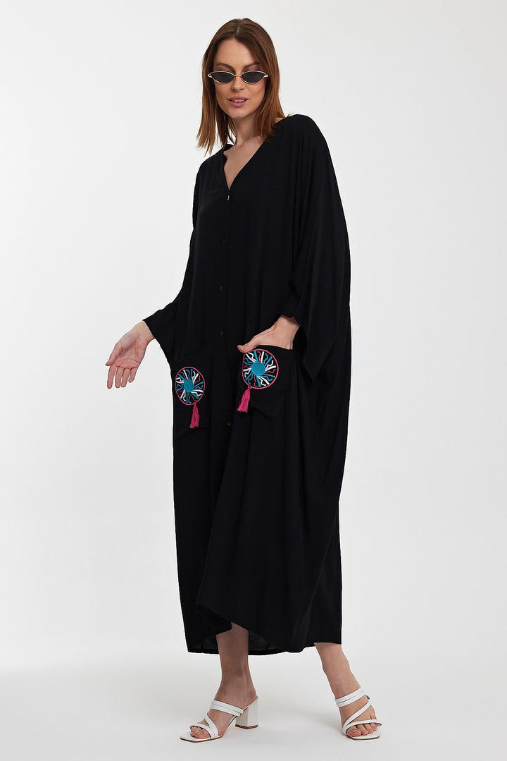 Maxi Boy Black Double Pocket Embroidered Long Loose Woven Shirt Dress BCVL-24948 - Pallíni