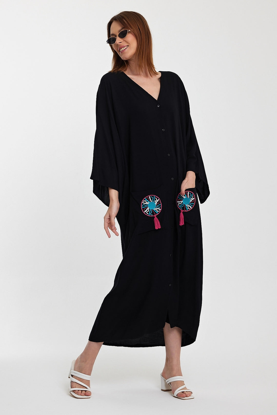 Maxi Boy Black Double Pocket Embroidered Long Loose Woven Shirt Dress BCVL-24948 - Pallíni