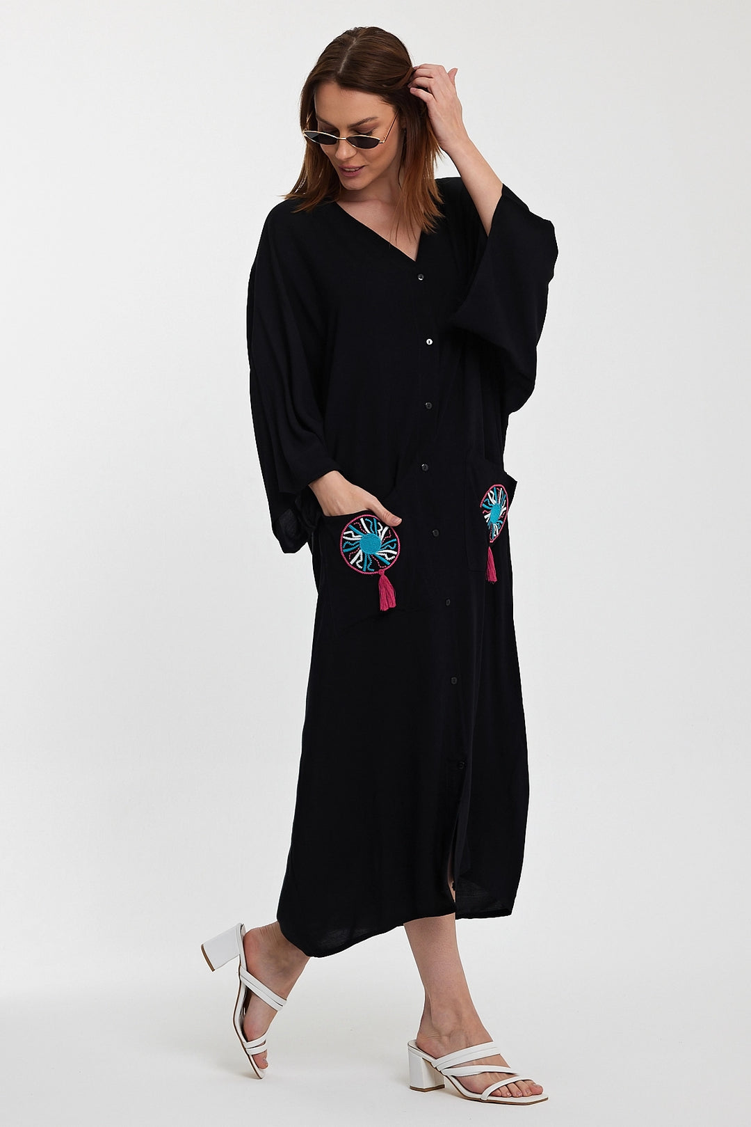 Maxi Boy Black Double Pocket Embroidered Long Loose Woven Shirt Dress BCVL-24948 - Pallíni