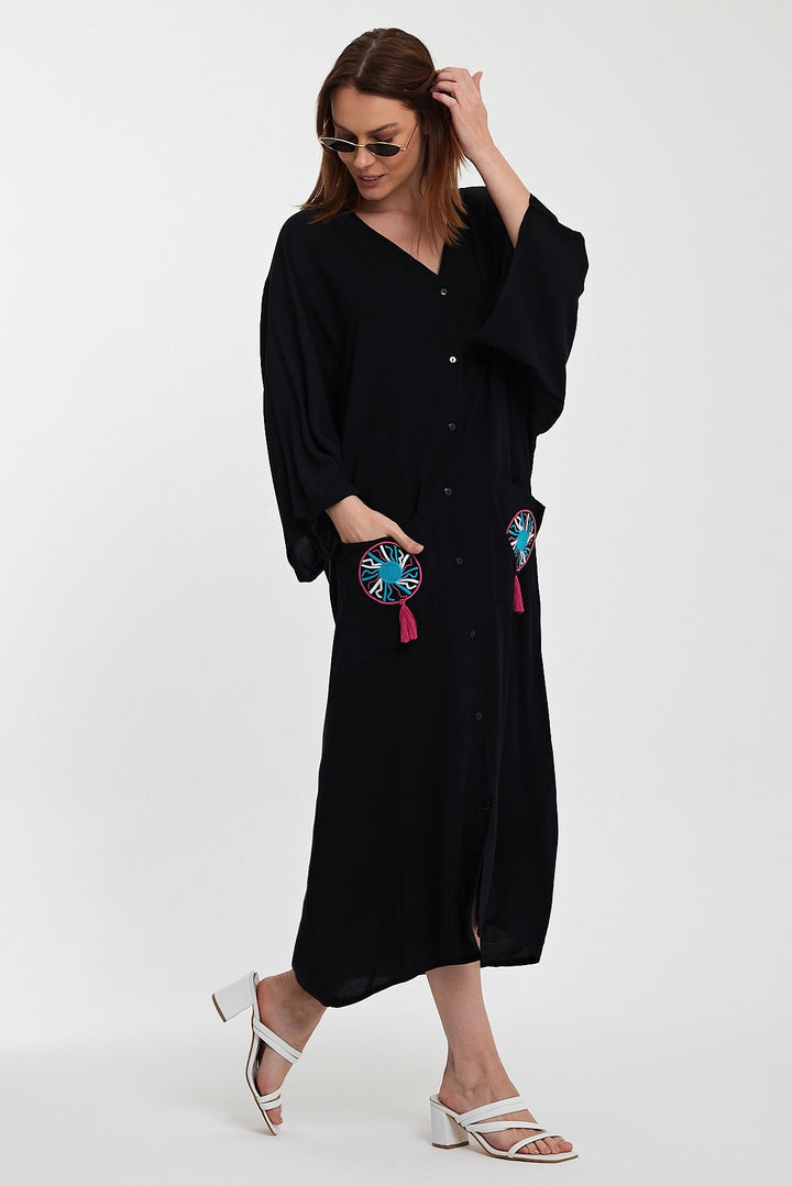 Maxi Boy Black Double Pocket Embroidered Long Loose Woven Shirt Dress BCVL-24948 - Pallíni