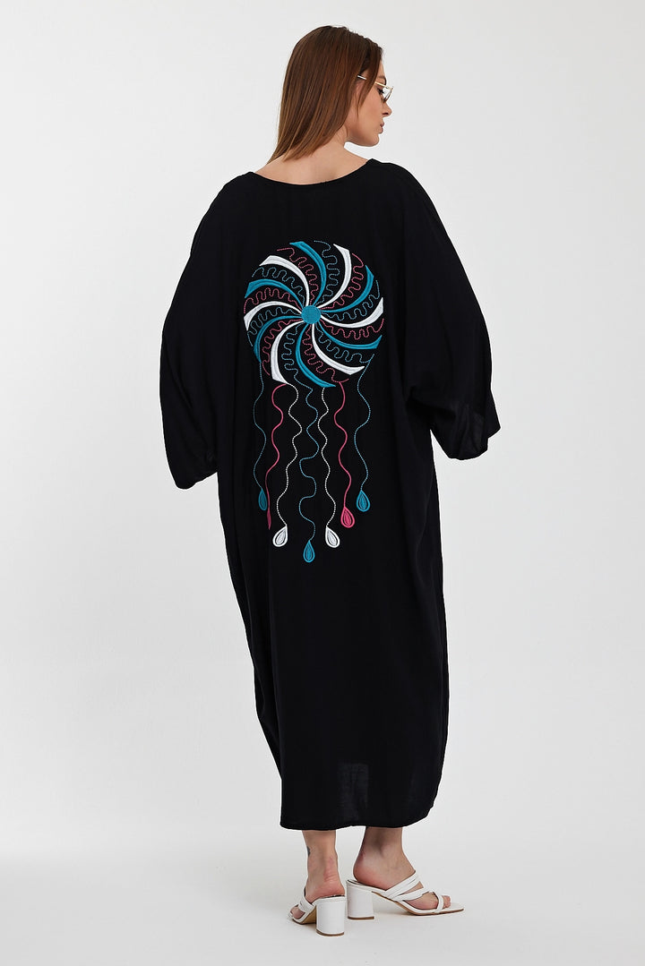 Maxi Boy Black Double Pocket Embroidered Long Loose Woven Shirt Dress BCVL-24948 - Pallíni