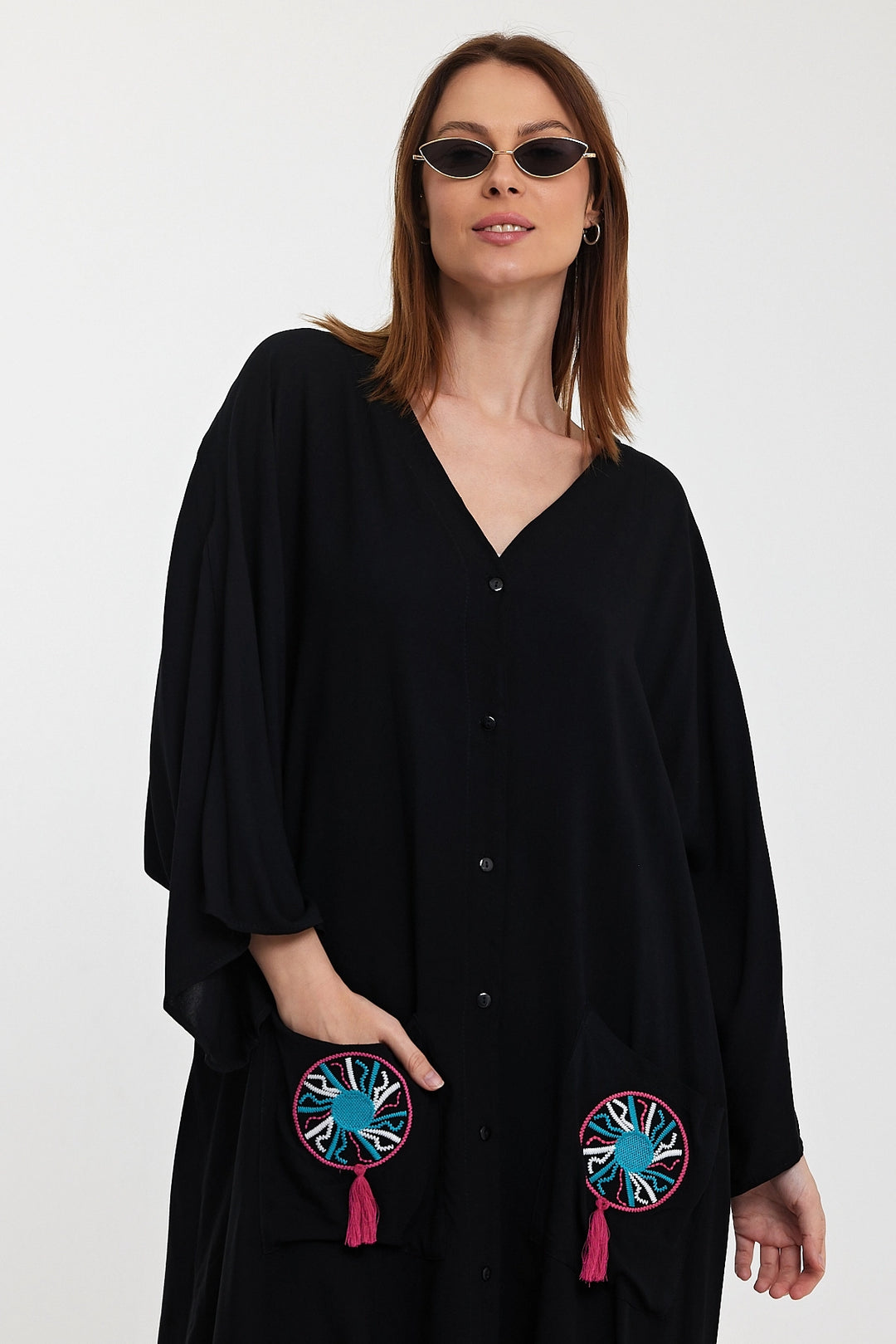Maxi Boy Black Double Pocket Embroidered Long Loose Woven Shirt Dress BCVL-24948 - Pallíni