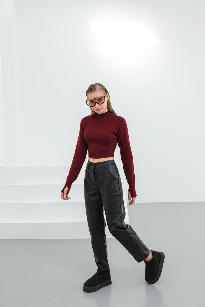 Black Double Pocket Front Stitch Detail Faux Leather Pants BCHN-25265098 - Burjasot