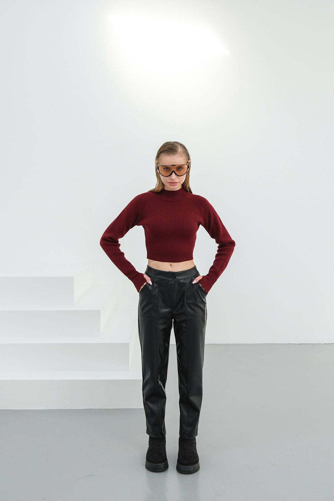 Black Double Pocket Front Stitch Detail Faux Leather Pants BCHN-25265098 - Burjasot