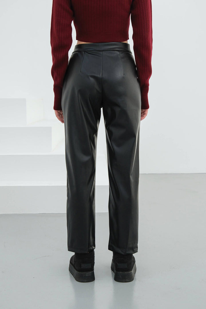 Black Double Pocket Front Stitch Detail Faux Leather Pants BCHN-25265098 - Burjasot