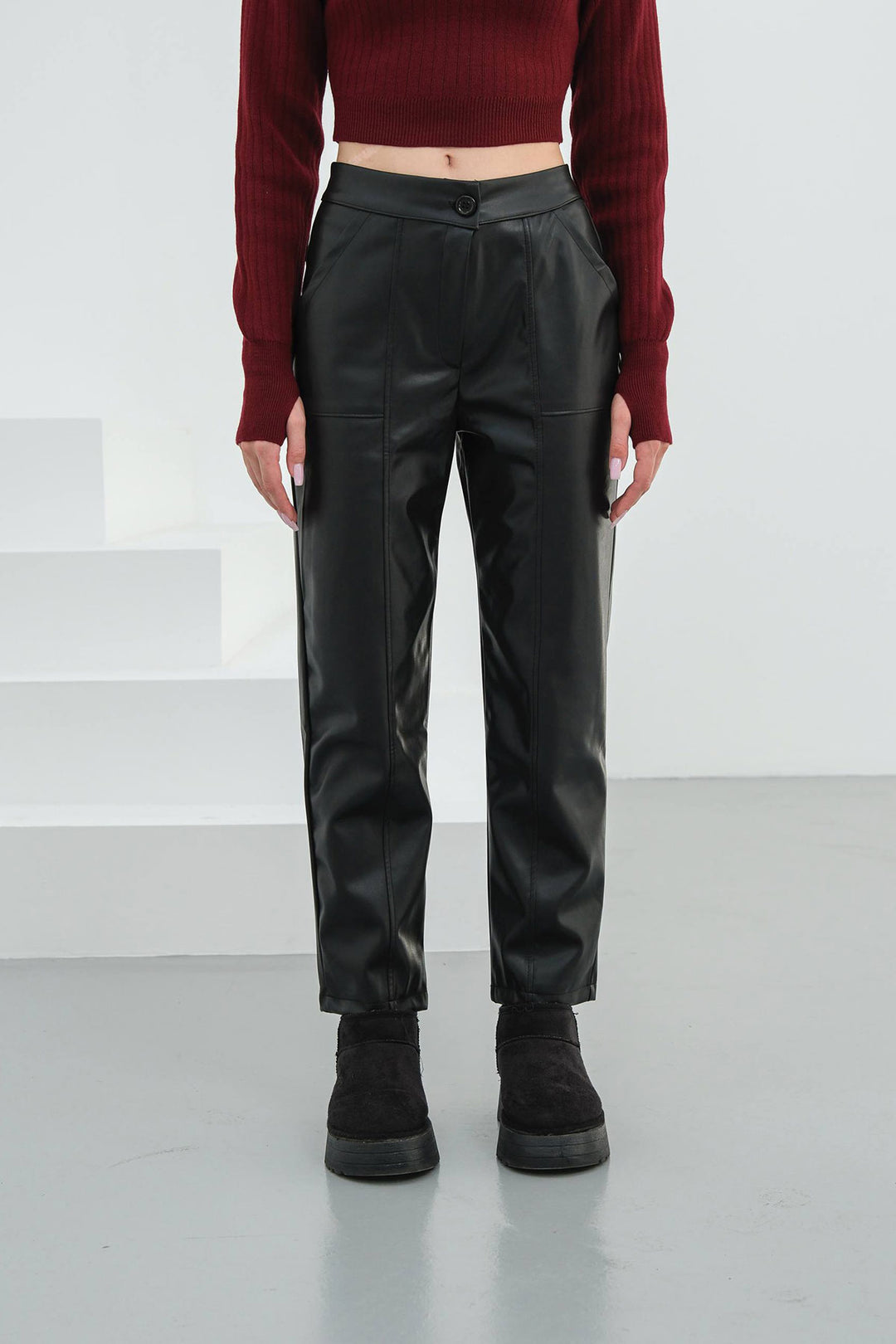 Black Double Pocket Front Stitch Detail Faux Leather Pants BCHN-25265098 - Burjasot