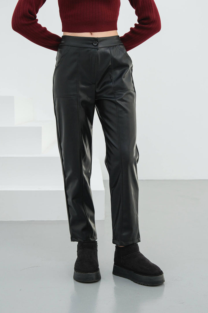 Black Double Pocket Front Stitch Detail Faux Leather Pants BCHN-25265098 - Burjasot