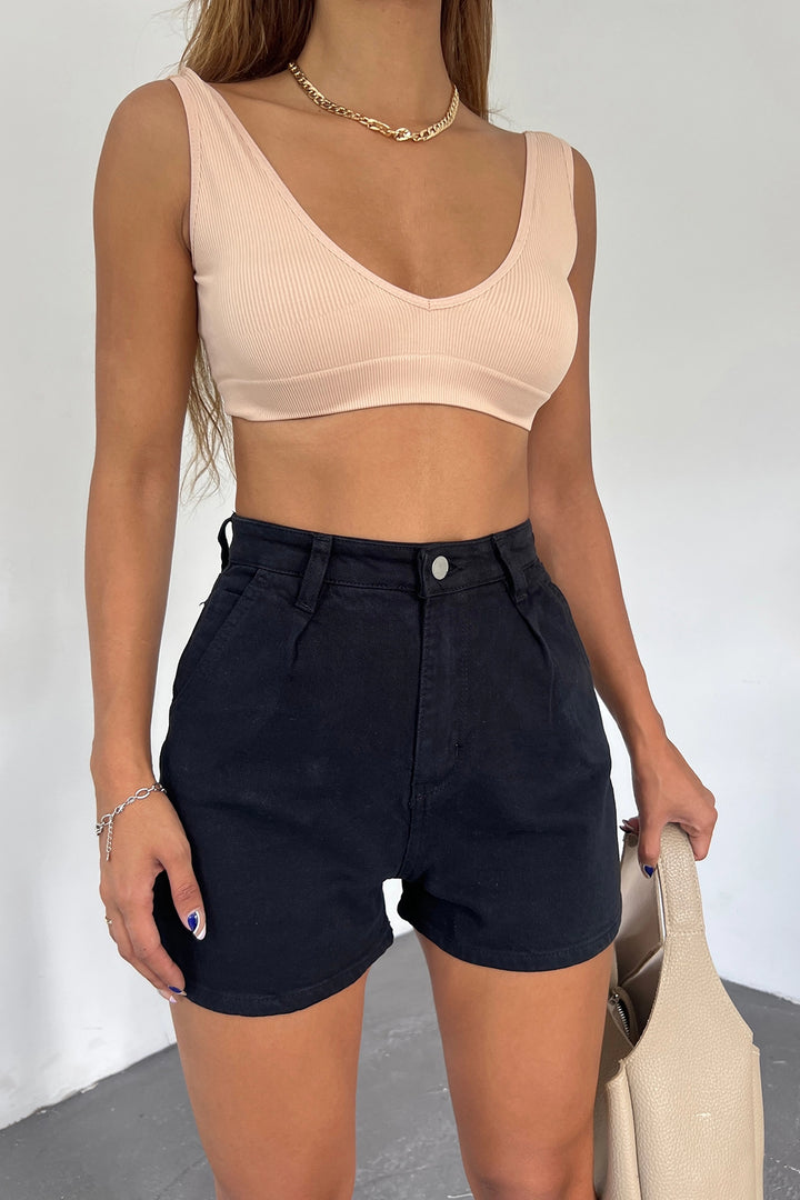 Black Double Pocket Pleated Mini Denim Shorts BCDF-233302 - Chino