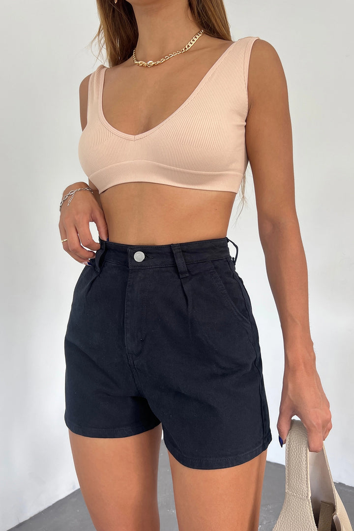 Black Double Pocket Pleated Mini Denim Shorts BCDF-233302 - Chino