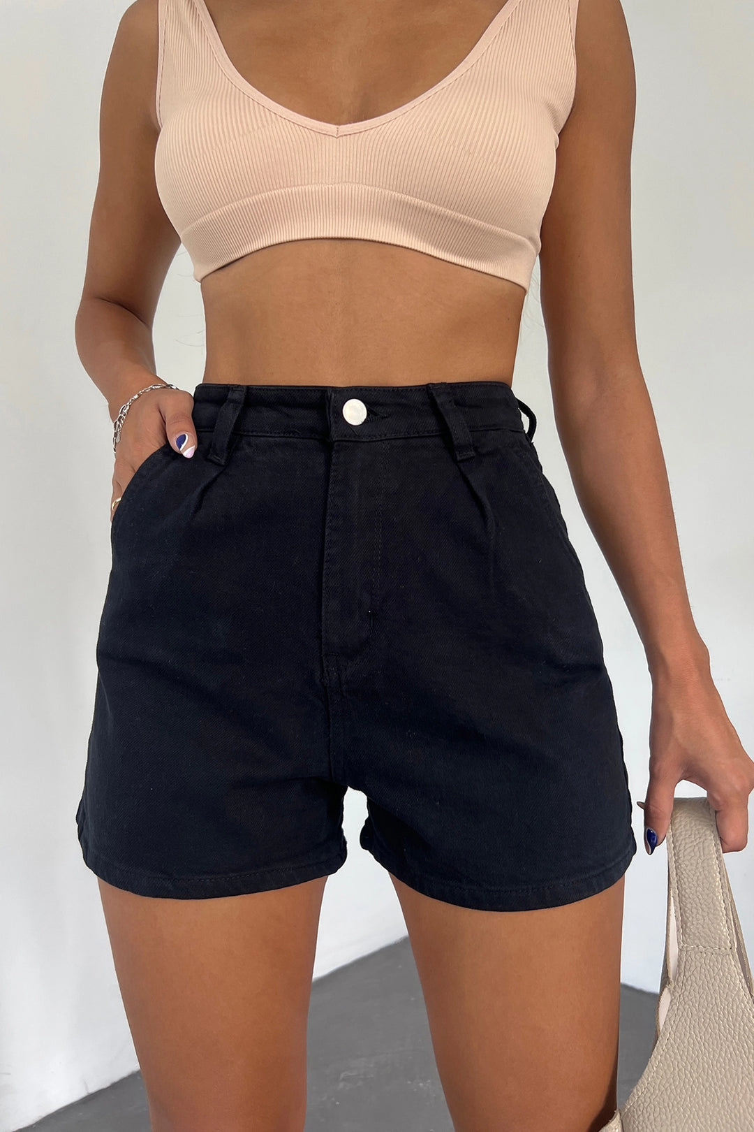 Black Double Pocket Pleated Mini Denim Shorts BCDF-233302 - Chino