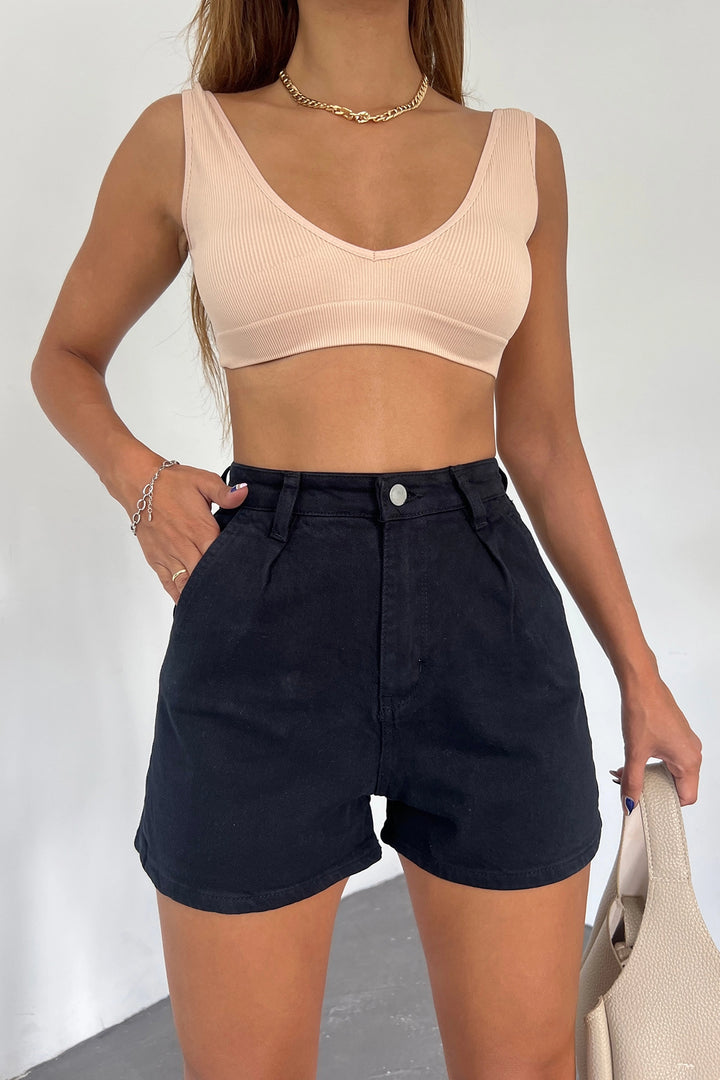 Black Double Pocket Pleated Mini Denim Shorts BCDF-233302 - Chino