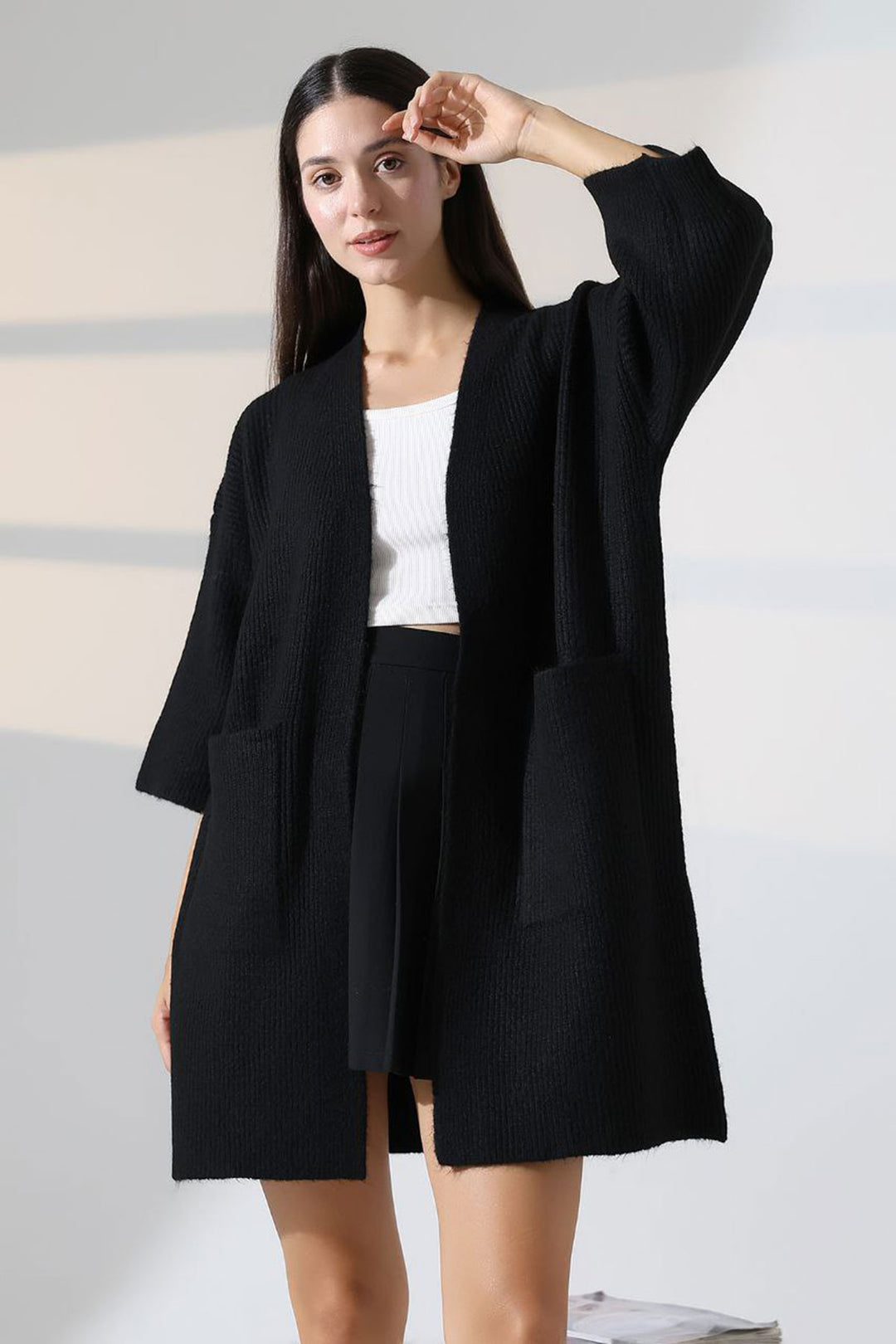 Black Double Pocket Half Sleeve Mid-Length Cardigan BCES-252019 - Sesto San Giovanni