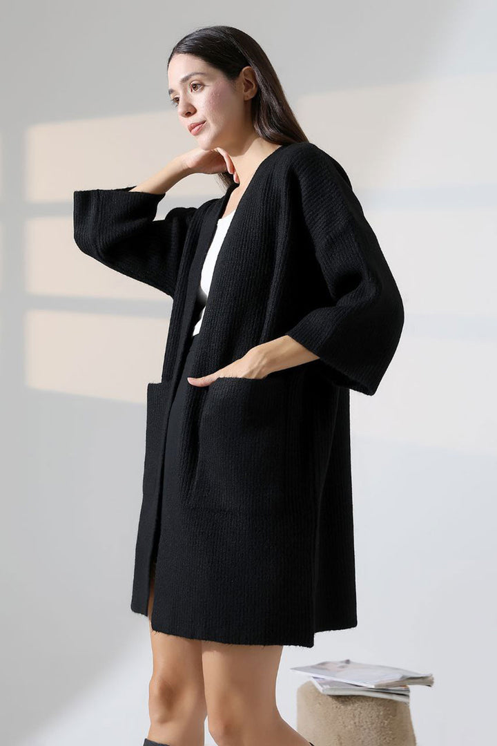Black Double Pocket Half Sleeve Mid-Length Cardigan BCES-252019 - Sesto San Giovanni