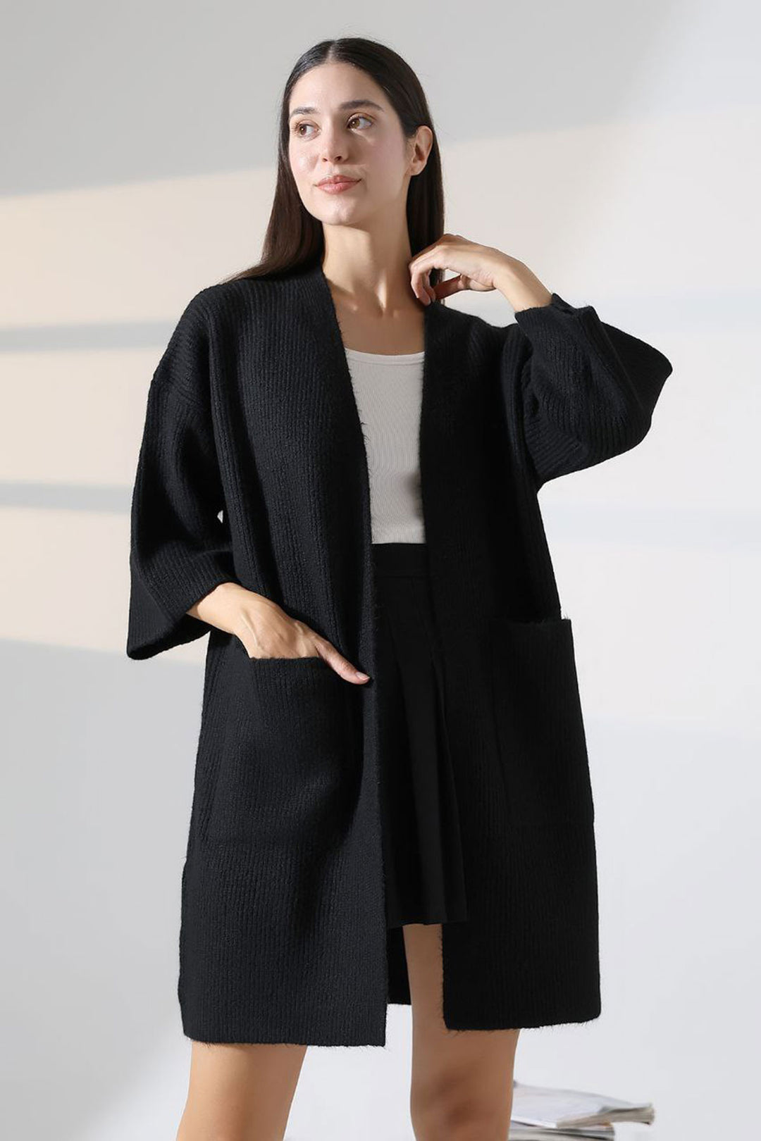 Black Double Pocket Half Sleeve Mid-Length Cardigan BCES-252019 - Sesto San Giovanni