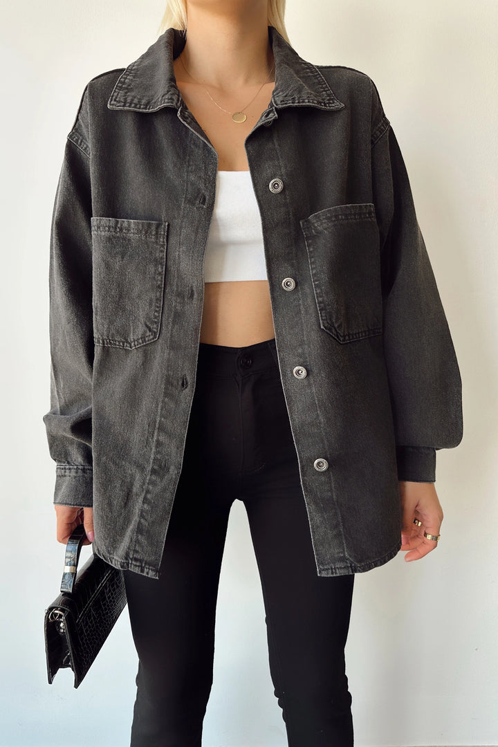Black Double Pocket Washed Denim Shirt Jacket BCDF-235403 - Aubagne
