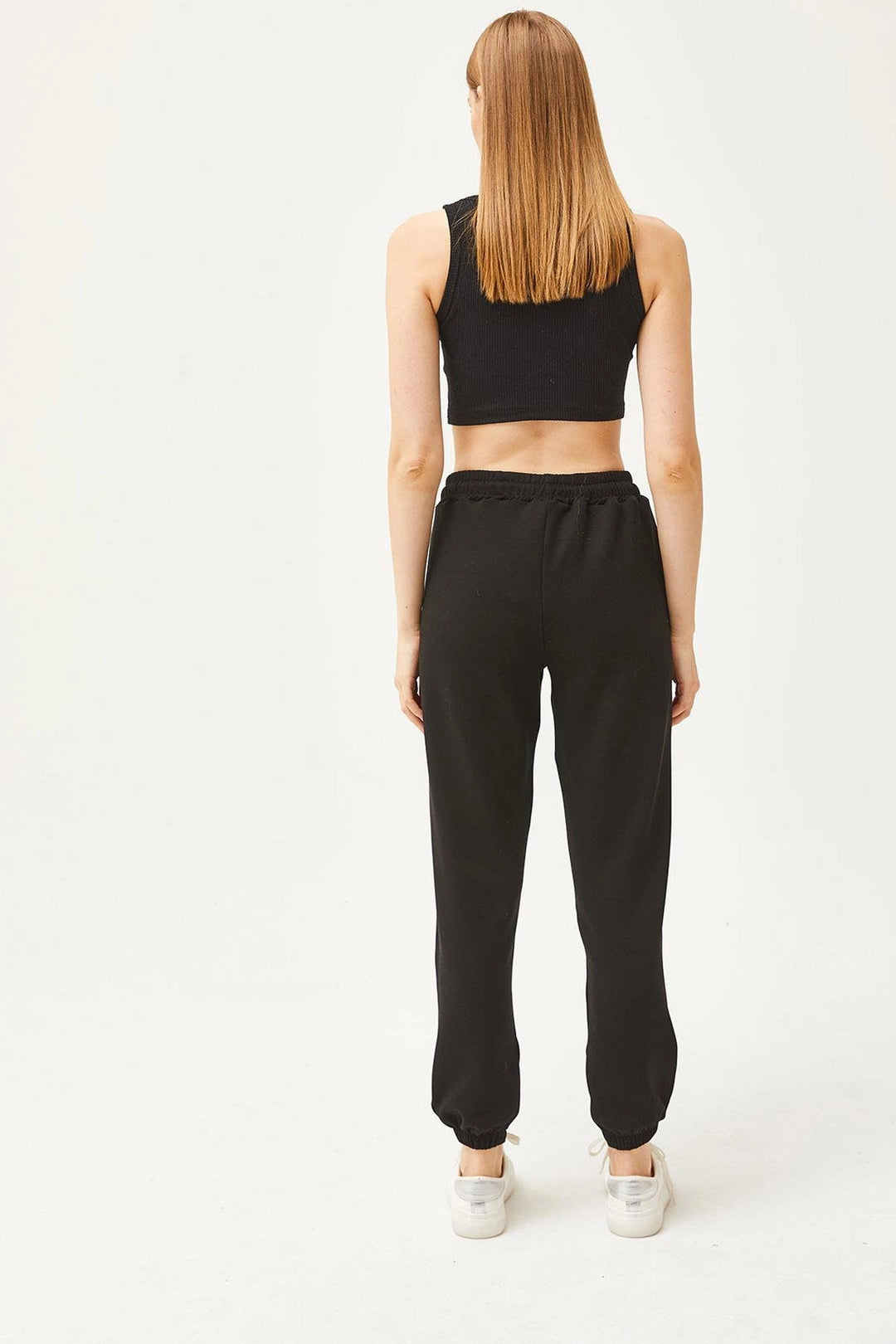 Black Double Pocket Soft Textured Modal Cuffed Elastic Jogger Sweatpants BC241146 - Rezé