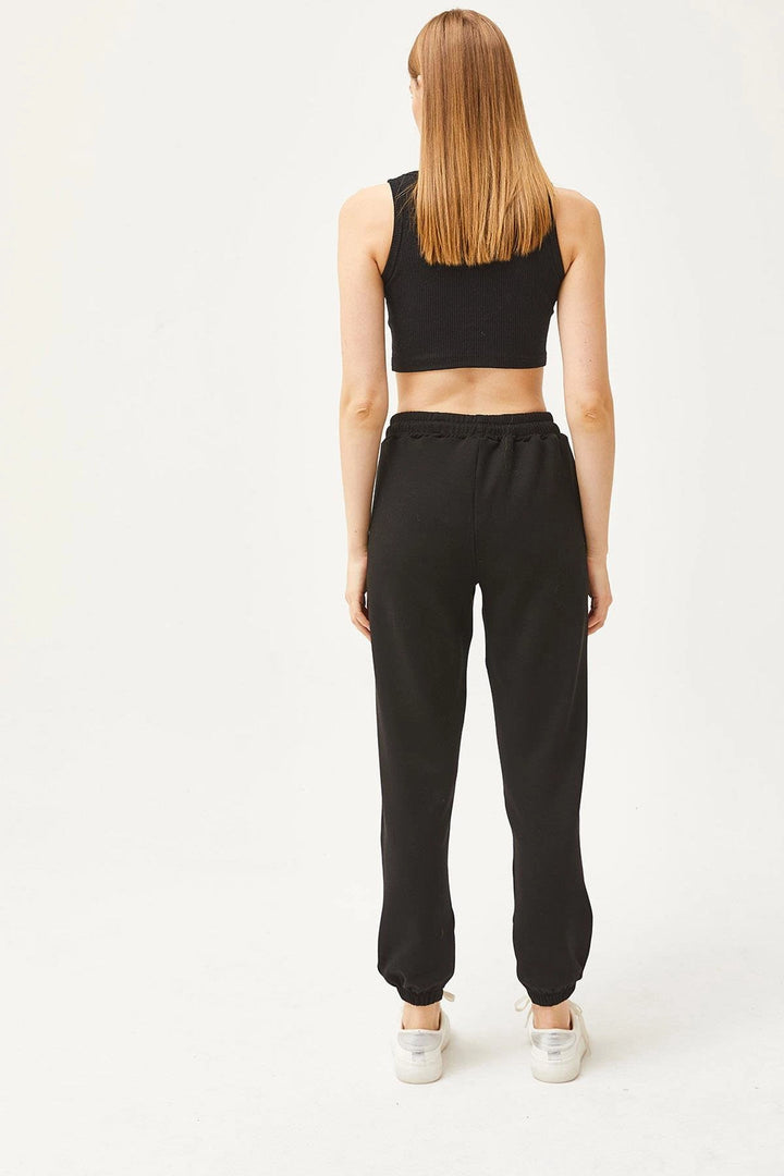 Black Double Pocket Soft Textured Modal Cuffed Elastic Jogger Sweatpants BC241146 - Rezé